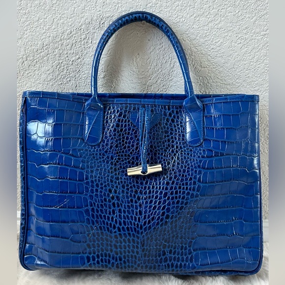 Longchamp Blue Crocodile-Embossed Tote Authentic - Picture 1 of 9